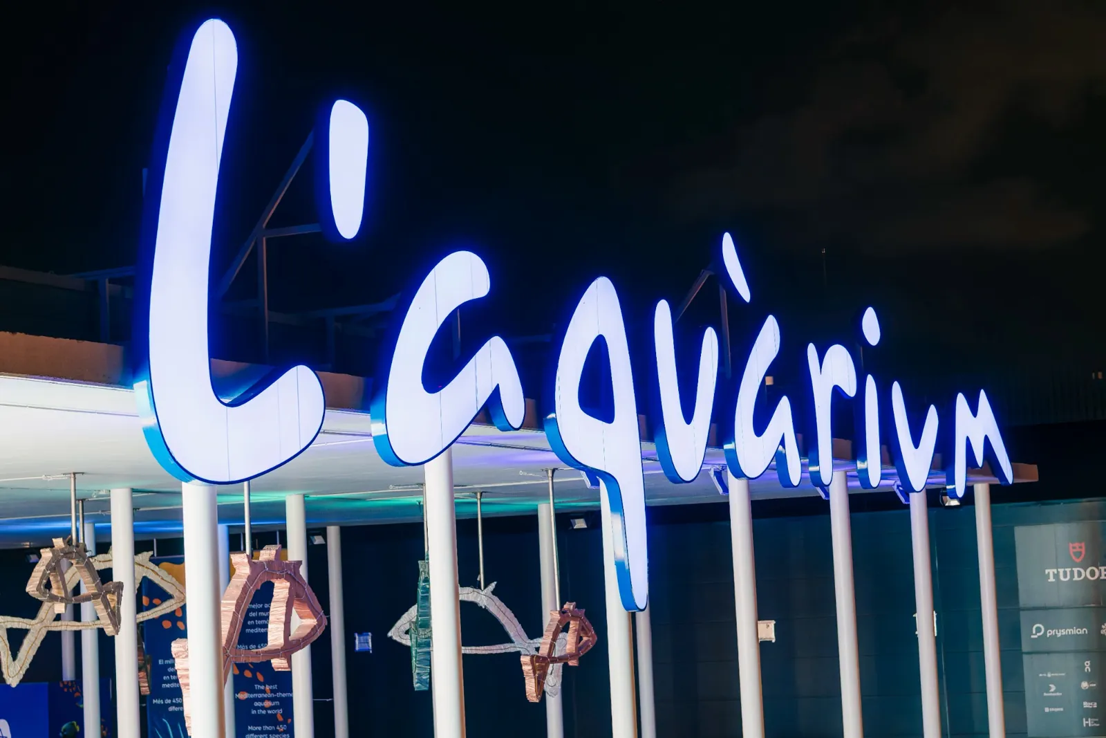 Vista nocturna del exterior de L’Aquàrium de Barcelona iluminado junto al Port Vell y su acceso desde el paseo.